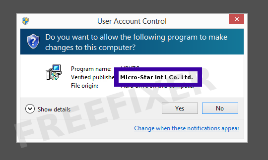 Screenshot where Micro-Star Int'l Co. Ltd. appears as the verified publisher in the UAC dialog